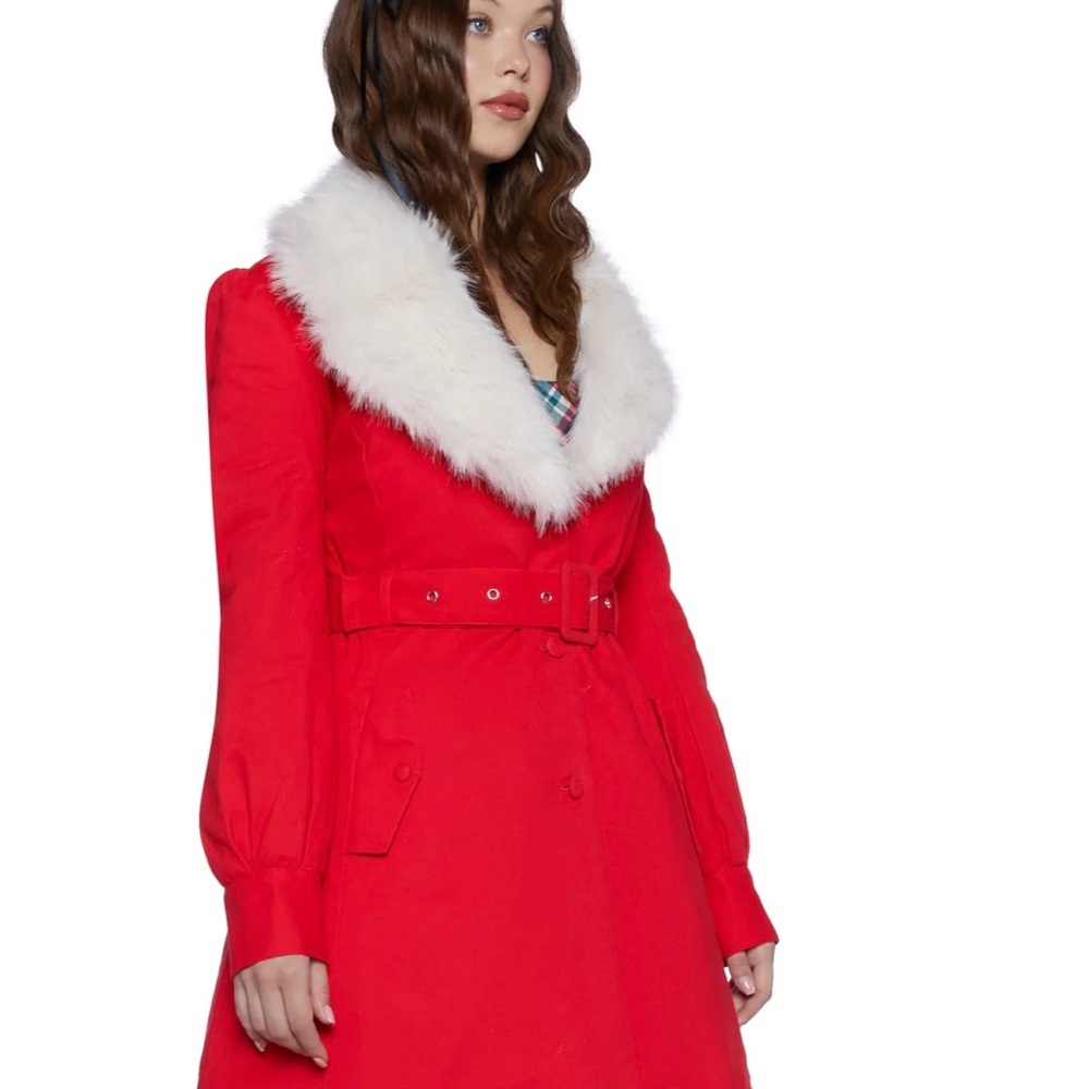 Dolls Kill Red and White Trench Coat with Plush Fur Collar